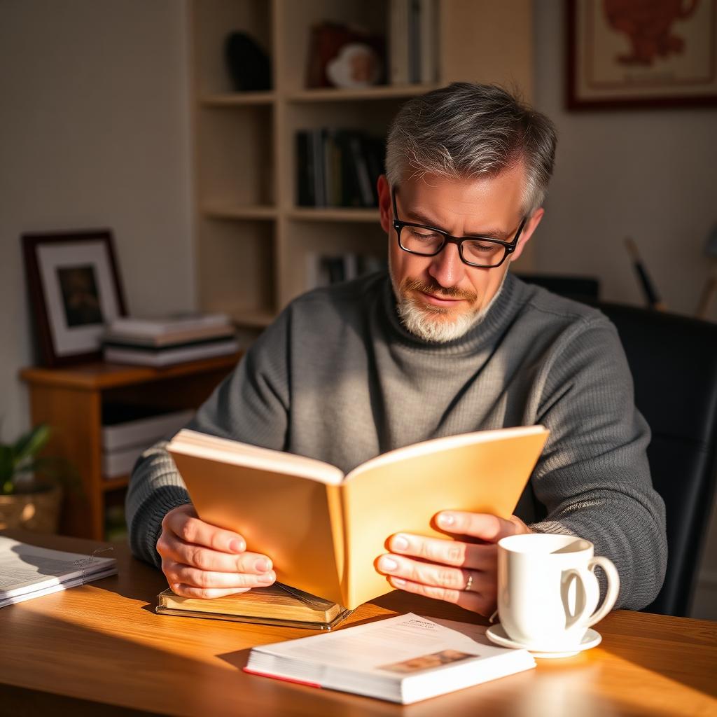 An adult reading an English book with a cup of coffee at a cosy desk.