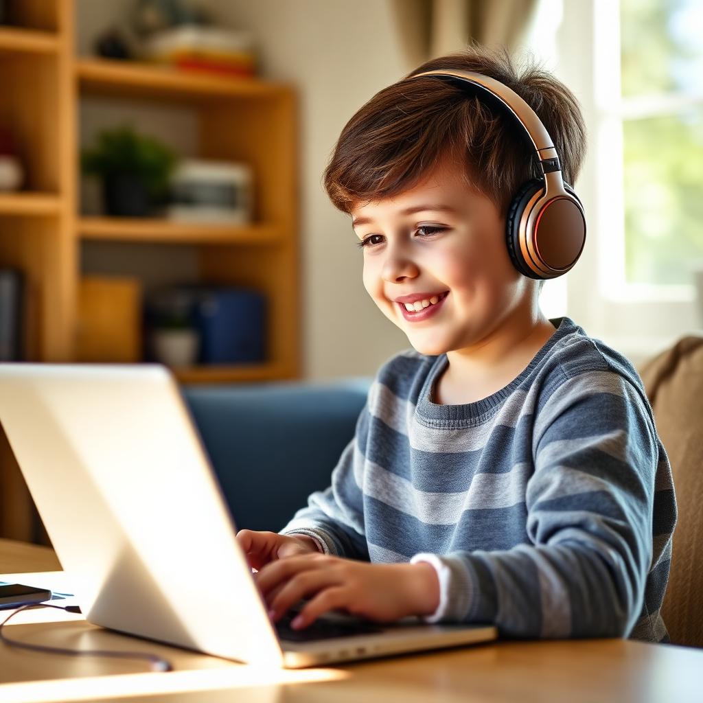 A young child with headphones learning English on a laptop at home.