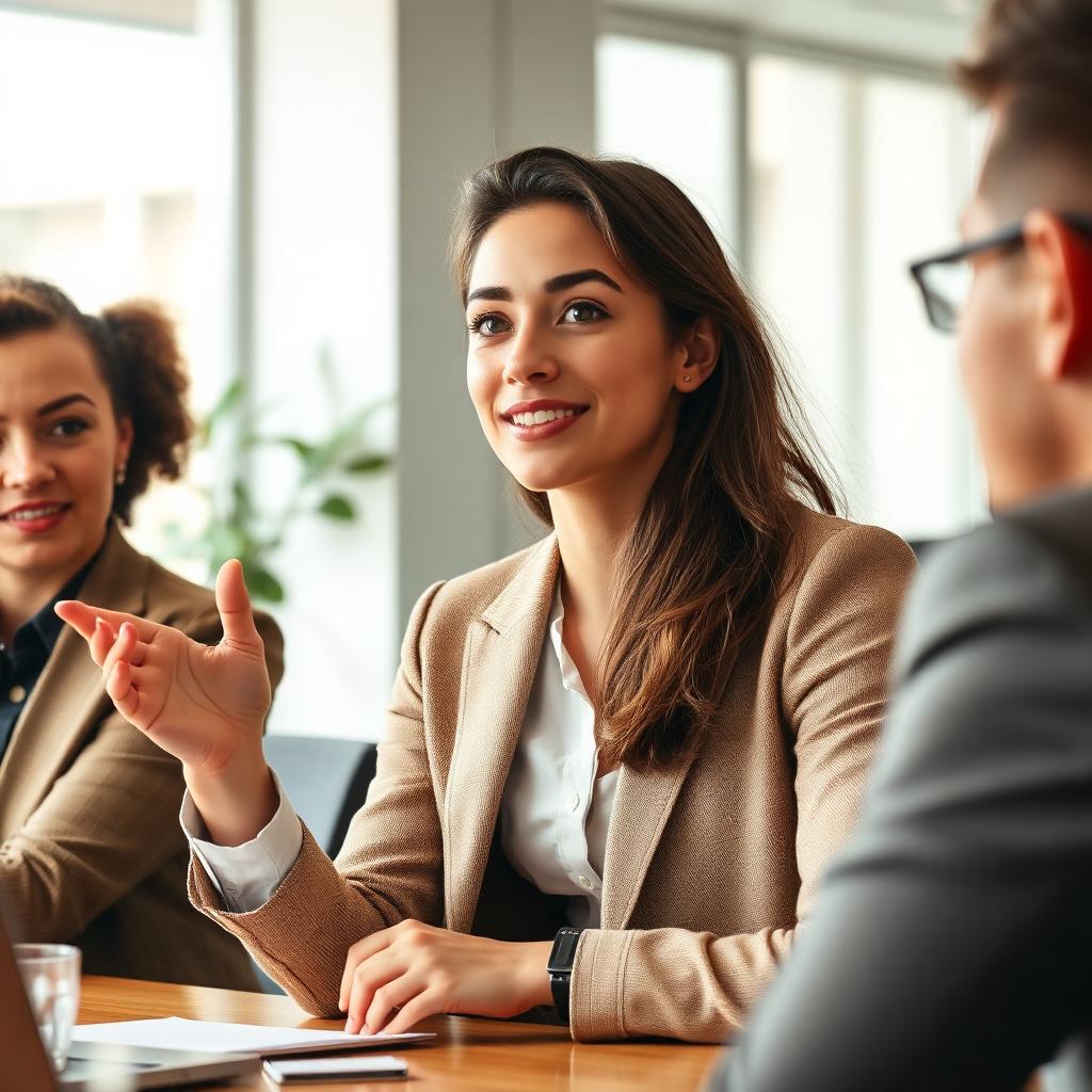 A young professional speaking in an English business meeting.