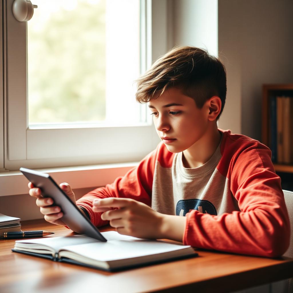 A teenager studying English with a tablet and notebook by a window.