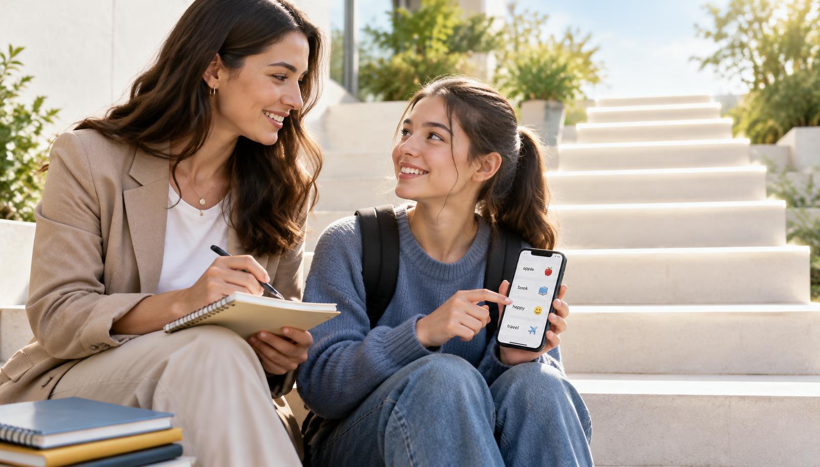 A young professional and a student practising English vocabulary together on sunny steps