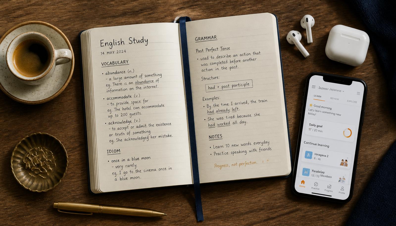 Handwritten English study notes and a language app on a warm desk