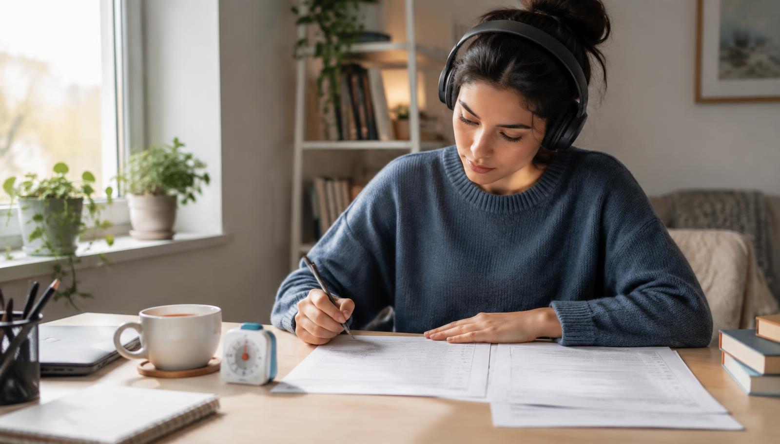 A learner wearing headphones working through English exam practice papers with a timer on the desk