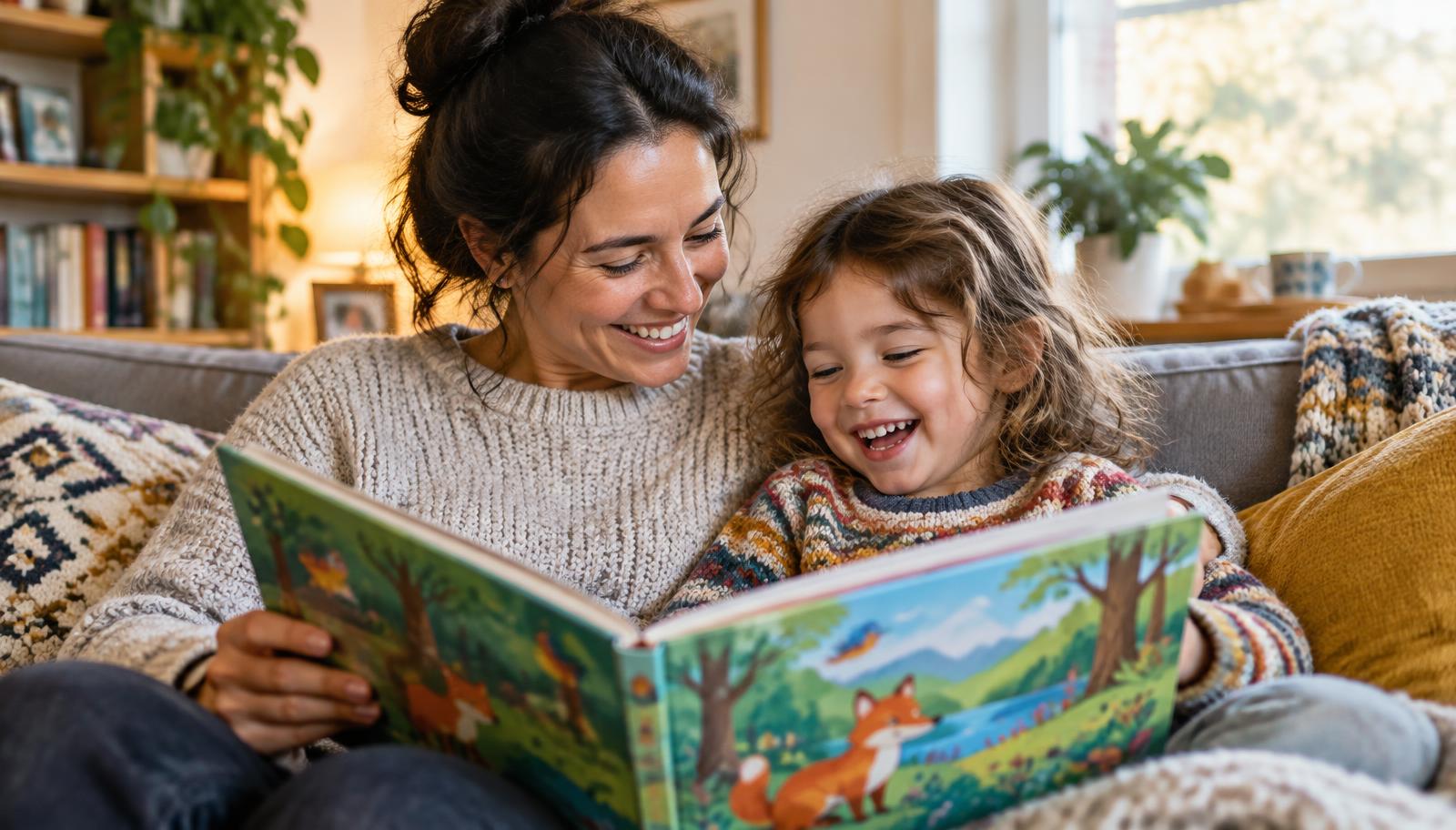 A parent and a young child laughing while reading a colourful picture book together at home