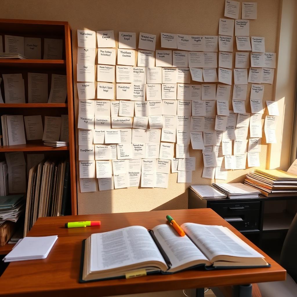 A detective's desk with notes and clues.